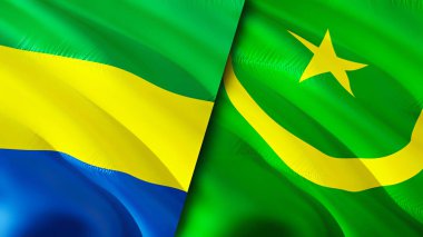 Gabon ve Moritanya bayrakları. 3 boyutlu dalgalanan bayrak tasarımı. Gabon Moritanya bayrağı, resim, duvar kağıdı. Gabon Moritanya 'ya karşı, görüntü 3 boyutlu. Gabon Moritanya ilişkileri ittifak ve ticaret, seyahat, turnuva