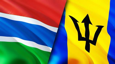 Gambiya ve Barbados bayrakları. 3 boyutlu dalgalanan bayrak tasarımı. Gambiya Barbados bayrağı, resim, duvar kağıdı. Gambiya Barbados 'a karşı, görüntü 3 boyutlu. Gambiya Barbados ilişkileri ittifak ve ticaret, seyahat, turizm konsepti