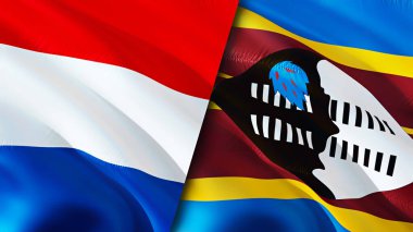 Hollanda ve Eswatini bayrakları. 3 boyutlu dalgalanan bayrak tasarımı. Hollanda Eswatini bayrağı, resim, duvar kağıdı. Hollanda, Eswatini 'ye karşı, 3 boyutlu görüntü. Hollanda Eswatini ilişkileri ittifakı