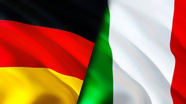 Almanya ve İtalya bayrakları. 3 boyutlu dalgalanan bayrak tasarımı. Almanya İtalya bayrağı, resim, duvar kağıdı. Almanya İtalya 'ya karşı, görüntü 3 boyutlu. Almanya İtalya ile ilişkiler ittifak ve ticaret, seyahat ve turizm kavramları