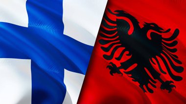 Finlandiya ve Arnavutluk bayrakları. 3 boyutlu dalgalanan bayrak tasarımı. Finlandiya Arnavutluk bayrağı, resmi, duvar kağıdı. Finlandiya, Arnavutluk 'a karşı imaj, 3D görüntüleme. Finlandiya Arnavutluk ile ittifak ve ticaret, seyahat ve turizm ilişkileri