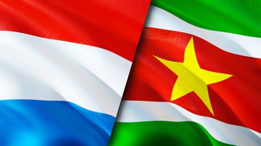 Lüksemburg ve Surinam bayrakları. 3 boyutlu dalgalanan bayrak tasarımı. Lüksemburg Surinam bayrağı, resim, duvar kağıdı. Lüksemburg Surinam 'a karşı, görüntü 3 boyutlu. Lüksemburg Surinam ilişkileri ittifakı