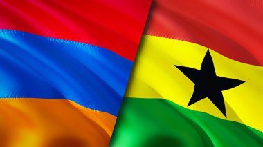 Ermenistan ve Gana bayrakları. 3 boyutlu dalgalanan bayrak tasarımı. Ermenistan Gana bayrağı, resim, duvar kağıdı. Ermenistan, Gana 'ya karşı, görüntü 3 boyutlu. Ermenistan Gana ilişkileri ittifak ve ticaret, seyahat, turizm kavramı