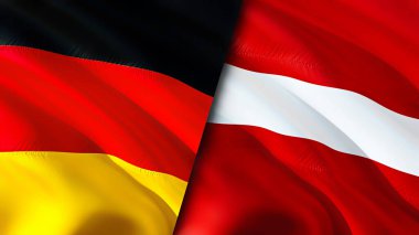 Almanya ve Letonya bayrakları. 3 boyutlu dalgalanan bayrak tasarımı. Almanya Letonya bayrağı, resim, duvar kağıdı. Almanya Letonya 'ya karşı, görüntü 3 boyutlu. Almanya Letonya ilişkileri ittifak ve ticaret, seyahat, turizm konsepti
