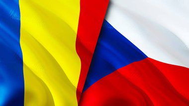 Romanya ve Çek bayrakları. 3 boyutlu dalgalanan bayrak tasarımı. Romanya Çek bayrağı, resim, duvar kağıdı. Romanya Çek imajına karşı, 3D görüntüleme. Romanya Çek ilişkileri ittifak ve ticaret, seyahat ve turizm danışmanları