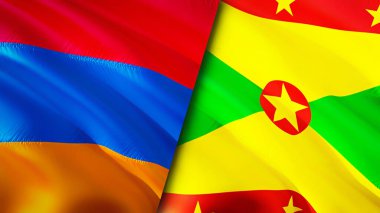 Ermenistan ve Grenada bayrakları. 3 boyutlu dalgalanan bayrak tasarımı. Ermenistan Grenada bayrağı, resim, duvar kağıdı. Ermenistan, Grenada 'ya karşı, görüntü 3 boyutlu. Ermenistan Grenada ilişkileri ittifak ve ticaret, seyahat, turizm