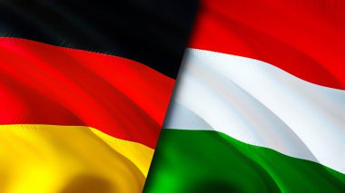 Almanya ve Macaristan bayrakları. 3 boyutlu dalgalanan bayrak tasarımı. Almanya Macaristan bayrağı, resim, duvar kağıdı. Almanya Macaristan 'a karşı, görüntü 3D. Almanya Macaristan ilişkileri ittifak ve ticaret, seyahat, turizm konsepti