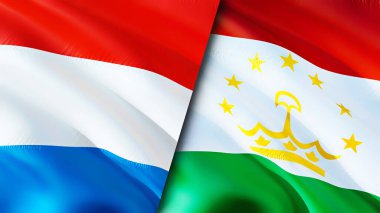 Lüksemburg ve Tacikistan bayrakları. 3 boyutlu dalgalanan bayrak tasarımı. Lüksemburg Tacikistan bayrağı, resim, duvar kağıdı. Lüksemburg, Tacikistan imajına karşı, 3D görüntüleme. Lüksemburg Tacikistan ilişkileri bir ittifak