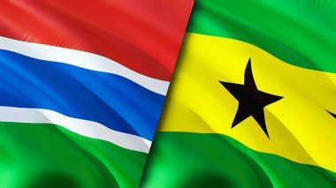 Gambiya ve Sao Tome ve Principe bayrakları. 3 boyutlu dalgalanan bayrak tasarımı. Gambiya Sao Tome ve Principe bayrağı, resim, duvar kağıdı. Gambiya, Sao Tome ve Principe 'e karşı, görüntü 3 boyutlu. Gambiya Sao Tome ve Princip