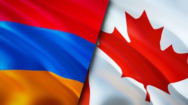 Ermenistan ve Kanada bayrakları. 3 boyutlu dalgalanan bayrak tasarımı. Ermenistan Kanada bayrağı, resim, duvar kağıdı. Ermenistan, Kanada 'ya karşı, görüntü 3D. Ermenistan Kanada ilişkileri ittifak ve ticaret, seyahat, turizm konsepti