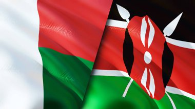 Madagaskar ve Kenya bayrakları. 3 boyutlu dalgalanan bayrak tasarımı. Madagaskar Kenya bayrağı, resim, duvar kağıdı. Madagaskar, Kenya imajına karşı, 3D görüntüleme. Madagaskar Kenya ilişkileri ittifak ve ticaret, seyahat, turnuva