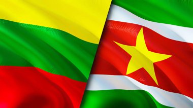 Litvanya ve Surinam bayrakları. 3 boyutlu dalgalanan bayrak tasarımı. Litvanya Surinam bayrağı, resim, duvar kağıdı. Litvanya Surinam 'a karşı, görüntü 3 boyutlu. Litvanya Surinam ilişkileri ittifakı