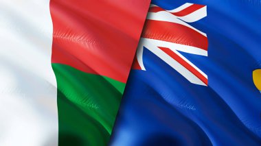 Madagaskar ve Saint Helena bayrakları. 3 boyutlu dalgalanan bayrak tasarımı. Madagaskar Saint Helena bayrağı, resim, duvar kağıdı. Madagaskar, Saint Helena 'ya karşı 3 boyutlu görüntü. Madagaskar Saint Helena ilişkileri ittifak