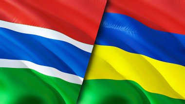Gambiya ve Mauritius bayrakları. 3 boyutlu dalgalanan bayrak tasarımı. Gambia Mauritius bayrağı, resim, duvar kağıdı. Gambiya, Mauritius 'a karşı, görüntü 3 boyutlu. Gambiya Mauritius ilişkileri ittifak ve ticaret, seyahat, turnuva