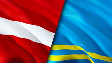 Letonya ve Aruba bayrakları. 3 boyutlu dalgalanan bayrak tasarımı. Letonya Aruba bayrağı, resim, duvar kağıdı. Letonya vs Aruba imajı, 3 boyutlu görüntüleme. Letonya Aruba ilişkileri ittifak ve ticaret, seyahat, turizm konsepti
