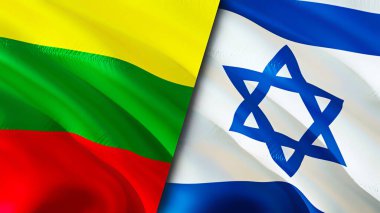 Litvanya ve İsrail bayrakları. 3 boyutlu dalgalanan bayrak tasarımı. Litvanya İsrail bayrağı, resim, duvar kağıdı. Litvanya, İsrail imajına karşı, 3 boyutlu canlandırma. Litvanya İsrail ilişkileri ittifak ve ticaret, seyahat, turnuva