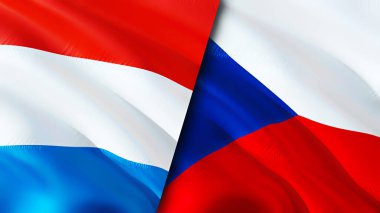 Lüksemburg ve Çek bayrakları. 3 boyutlu dalgalanan bayrak tasarımı. Lüksemburg Çek bayrağı, resim, duvar kağıdı. Lüksemburg, Çek imajına karşı, 3D görüntüleme. Lüksemburg Çek İlişkileri İttifak ve Ticaret, Seyahat, Turnuva