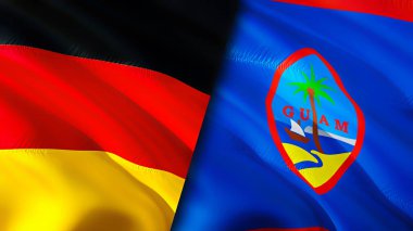 Almanya ve Guam bayrakları. 3 boyutlu dalgalanan bayrak tasarımı. Almanya Guam bayrağı, resim, duvar kağıdı. Almanya, Guam 'a karşı, görüntü 3 boyutlu. Almanya Guam ilişkileri ittifak ve ticaret, seyahat, turizm konsepti