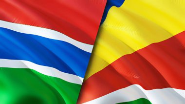 Gambiya ve Seyşel bayrakları. 3 boyutlu dalgalanan bayrak tasarımı. Gambia Seyşeller bayrağı, resim, duvar kağıdı. Gambia, Seyşeller 'e karşı, görüntü 3D. Gambiya Seyşelleri İlişkiler İttifak ve Ticaret, Seyahat, Turnuva