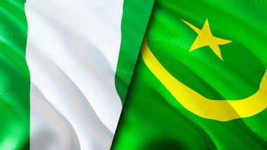 Nijerya ve Moritanya bayrakları. 3 boyutlu dalgalanan bayrak tasarımı. Nijerya Moritanya bayrağı, resim, duvar kağıdı. Nijerya, Moritanya 'ya karşı, görüntü 3 boyutlu. Nijerya Moritanya ilişkileri bir ittifak