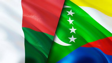 Madagaskar ve Komoros bayrakları. 3 boyutlu dalgalanan bayrak tasarımı. Madagaskar Comoros bayrağı, resim, duvar kağıdı. Madagaskar, Comoros 'a karşı, görüntü 3 boyutlu. Madagaskar Komoros ilişkileri