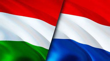 Macaristan ve Hollanda bayrakları. 3 boyutlu dalgalanan bayrak tasarımı. Macaristan bayrağı, resim, duvar kağıdı. Macaristan, Hollanda 'ya karşı, görüntü 3D. Macaristan Hollanda ilişkileri bir ittifak