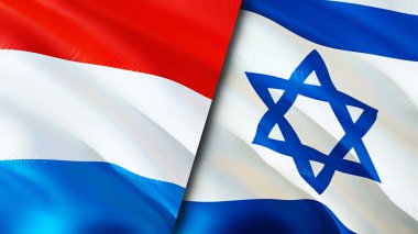 Lüksemburg ve İsrail bayrakları. 3 boyutlu dalgalanan bayrak tasarımı. Lüksemburg İsrail bayrağı, resim, duvar kağıdı. Lüksemburg, İsrail imajına karşı, 3D görüntüleme. Lüksemburg İsrail ilişkileri ittifak ve ticaret, seyahat, turnuva