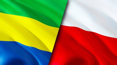 Gabon ve Polonya bayrakları. 3 boyutlu dalgalanan bayrak tasarımı. Gabon Polonya bayrağı, resim, duvar kağıdı. Gabon, Polonya 'ya karşı. Görüntü 3 boyutlu. Gabon Polonya ilişkileri ittifak ve ticaret, seyahat, turizm konsepti