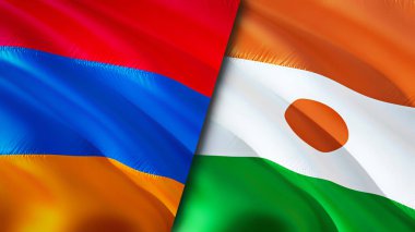 Ermenistan ve Nijer bayrakları. 3 boyutlu dalgalanan bayrak tasarımı. Ermenistan Nijer bayrağı, resim, duvar kağıdı. Ermenistan, Nijer imajına karşı, 3 boyutlu canlandırma. Ermenistan Nijer ilişkileri ittifak ve ticaret, seyahat, turizm konsepti