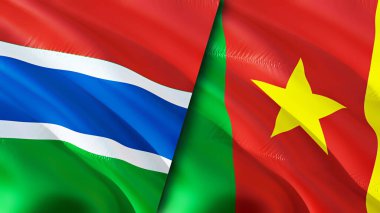 Gambiya ve Kamerun bayrakları. 3 boyutlu dalgalanan bayrak tasarımı. Gambiya Kamerun bayrağı, resim, duvar kağıdı. Gambiya, Kamerun 'a karşı, görüntü 3 boyutlu. Gambiya Kamerun ilişkileri ittifak ve ticaret, seyahat, turizm konsepti