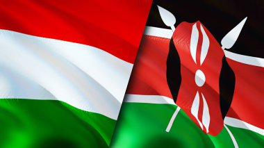 Macaristan ve Kenya bayrakları. 3 boyutlu dalgalanan bayrak tasarımı. Macar Kenya bayrağı, resim, duvar kağıdı. Macaristan Kenya 'ya karşı, görüntü 3 boyutlu. Macaristan Kenya ilişkileri ittifak ve ticaret, seyahat, turizm konsepti