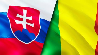 Slovakya ve Mali bayrakları. 3 boyutlu dalgalanan bayrak tasarımı. Slovakya Mali bayrağı, resim, duvar kağıdı. Slovakya, Mali imajına karşı, 3D görüntüleme. Slovakya Mali ilişkileri ittifak ve ticaret, seyahat, turizm konsepti