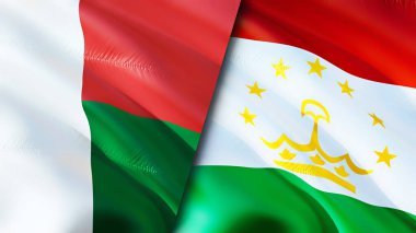 Madagaskar ve Tacikistan bayrakları. 3 boyutlu dalgalanan bayrak tasarımı. Madagaskar Tacikistan bayrağı, resim, duvar kağıdı. Madagaskar, Tacikistan 'a karşı 3 boyutlu görüntüleme. Madagaskar Tacikistan ilişkileri bir ittifak