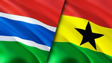 Gambiya ve Gana bayrakları. 3 boyutlu dalgalanan bayrak tasarımı. Gambiya Gana bayrağı, resim, duvar kağıdı. Gambiya, Gana 'ya karşı, görüntü 3 boyutlu. Gambiya Gana ilişkileri ittifak ve ticaret, seyahat, turizm konsepti