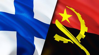 Finlandiya ve Angola bayrakları. 3 boyutlu dalgalanan bayrak tasarımı. Finlandiya Angola bayrağı, resim, duvar kağıdı. Finlandiya, Angola 'ya karşı, görüntü 3 boyutlu. Finlandiya Angola ilişkileri ittifak ve ticaret, seyahat, turizm danışmanlığı