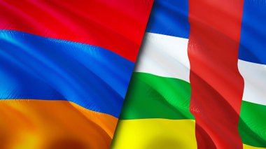 Ermenistan ve Orta Afrika Cumhuriyeti bayrakları. 3 boyutlu dalgalanan bayrak tasarımı. Ermenistan Orta Afrika Cumhuriyeti bayrağı, resim, duvar kağıdı. Ermenistan, Orta Afrika Cumhuriyeti imajına karşı, 3D görüntüleme. Ermenistan