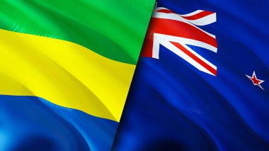 Gabon ve Yeni Zelanda bayrakları. 3 boyutlu dalgalanan bayrak tasarımı. Gabon Yeni Zelanda bayrağı, resim, duvar kağıdı. Gabon, Yeni Zelanda 'ya karşı, görüntü 3 boyutlu. Gabon Yeni Zelanda ilişkileri ittifak ve ticaret, seyahat, turnuva