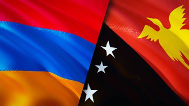Ermenistan ve Papua Yeni Gine bayrakları. 3 boyutlu dalgalanan bayrak tasarımı. Ermenistan Papua Yeni Gine bayrağı, resim, duvar kağıdı. Ermenistan, Papua Yeni Gine 'ye karşı, görüntü 3 boyutlu. Ermenistan Papua Yeni Gine