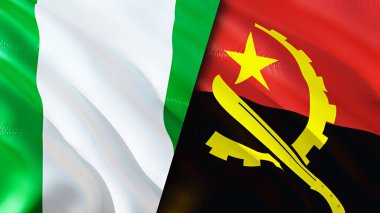 Nijerya ve Angola bayrakları. 3 boyutlu dalgalanan bayrak tasarımı. Nijerya Angola bayrağı, resim, duvar kağıdı. Nijerya, Angola 'ya karşı, görüntü 3 boyutlu. Nijerya Angola ilişkileri ittifak ve ticaret, seyahat, turizm konsepti