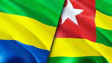Gabon ve Togo bayrakları. 3 boyutlu dalgalanan bayrak tasarımı. Gabon Togo bayrağı, resim, duvar kağıdı. Gabon Togo 'ya karşı, görüntü 3 boyutlu. Gabon Togo ilişkileri ittifak ve ticaret, seyahat, turizm konsepti