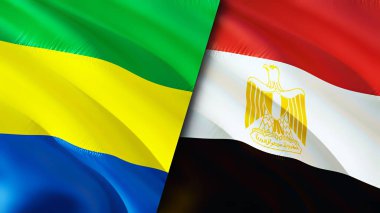 Gabon ve Mısır bayrakları. 3 boyutlu dalgalanan bayrak tasarımı. Gabon Mısır bayrağı, resim, duvar kağıdı. Gabon, Mısır 'a karşı, görüntü 3 boyutlu. Gabon Mısır ilişkileri ittifak ve ticaret, seyahat, turizm konsepti