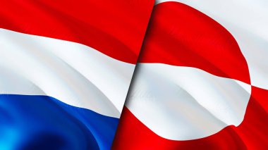 Hollanda ve Grönland bayrakları. 3 boyutlu dalgalanan bayrak tasarımı. Hollanda Grönland bayrağı, resim, duvar kağıdı. Hollanda Grönland 'a karşı 3 boyutlu görüntü. Hollanda Grönland ilişkileri ittifakı
