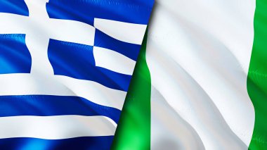 Yunanistan ve Nijerya bayrakları. 3 boyutlu dalgalanan bayrak tasarımı. Yunanistan Nijerya bayrağı, resim, duvar kağıdı. Yunanistan, Nijerya 'ya karşı, görüntü 3D. Yunanistan Nijerya ilişkileri ittifak ve ticaret, seyahat, turizm consepti