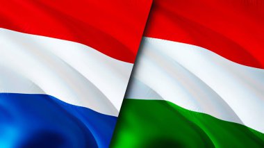 Hollanda ve Macaristan bayrakları. 3 boyutlu dalgalanan bayrak tasarımı. Hollanda Macaristan bayrağı, resim, duvar kağıdı. Hollanda, Macaristan 'ın imajına karşı, 3D görüntüleme. Hollanda Macaristan ilişkileri bir ittifak
