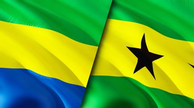 Gabon ve Sao Tome ve Principe bayrakları. 3 boyutlu dalgalanan bayrak tasarımı. Gabon Sao Tome ve Principe bayrağı, resim, duvar kağıdı. Gabon Sao Tome 'a karşı ve Principe imajı, 3D görüntüleme. Gabon Sao Tome ve Princip