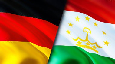 Almanya ve Tacikistan bayrakları. 3 boyutlu dalgalanan bayrak tasarımı. Almanya Tacikistan bayrağı, resim, duvar kağıdı. Almanya Tacikistan 'a karşı, görüntü 3 boyutlu. Almanya Tacikistan ilişkileri bir ittifak