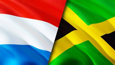 Lüksemburg ve Jamaika bayrakları. 3 boyutlu dalgalanan bayrak tasarımı. Lüksemburg Jamaika bayrağı, resim, duvar kağıdı. Lüksemburg, Jamaika imajına karşı, 3D görüntüleme. Lüksemburg Jamaika ilişkileri bir ittifak