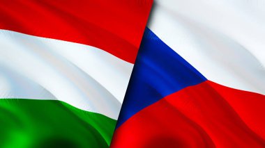 Macaristan ve Çek bayrakları. 3 boyutlu dalgalanan bayrak tasarımı. Macaristan Çek bayrağı, resim, duvar kağıdı. Macaristan, Çek imajına karşı, 3D görüntüleme. Macaristan Çek İlişkileri İttifak ve Ticaret, Seyahat, Turizm Konsepti