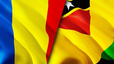 Romanya ve Nevis Adası bayrakları. 3 boyutlu dalgalanan bayrak tasarımı. Romanya Nevis Adası bayrağı, resim, duvar kağıdı. Romanya, Nevis Island 'a karşı, görüntü 3D. Romanya Nevis Adası ilişkileri ittifakı