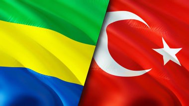 Gabon ve Hindi bayrakları. 3 boyutlu dalgalanan bayrak tasarımı. Gabon hindi bayrağı, resim, duvar kağıdı. Gabon vs Turkey imajı, 3D görüntüleme. Gabon Türkiye ilişkileri ittifak ve ticaret, seyahat, turizm konsepti